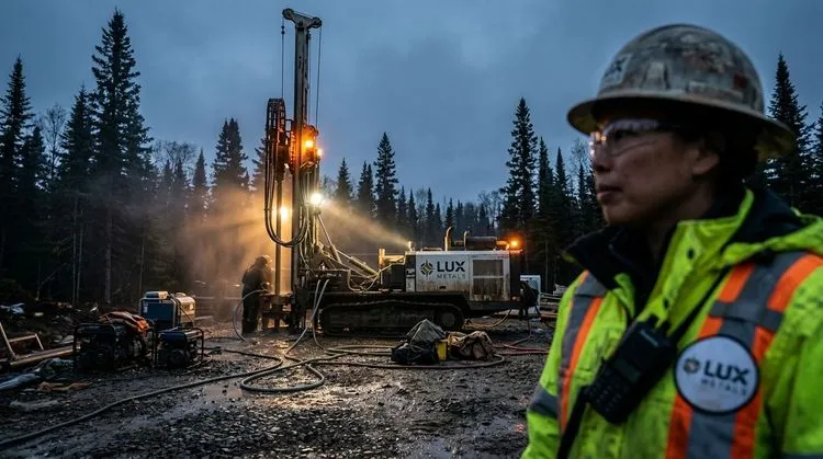 Lux Metals drill rig at dusk with a crew member in the foreground